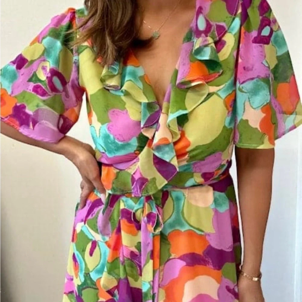 Veronica M Ruffle Wrap Colorful Dress in Malga print - Picture 2 of 6